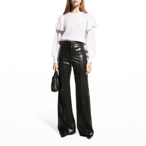 Alice + Olivia Rosi Sequined Embellished Ruffle Cable Knit Soft White Sweater